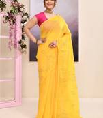 Women's yellow embellished cotton blend jamdani saree