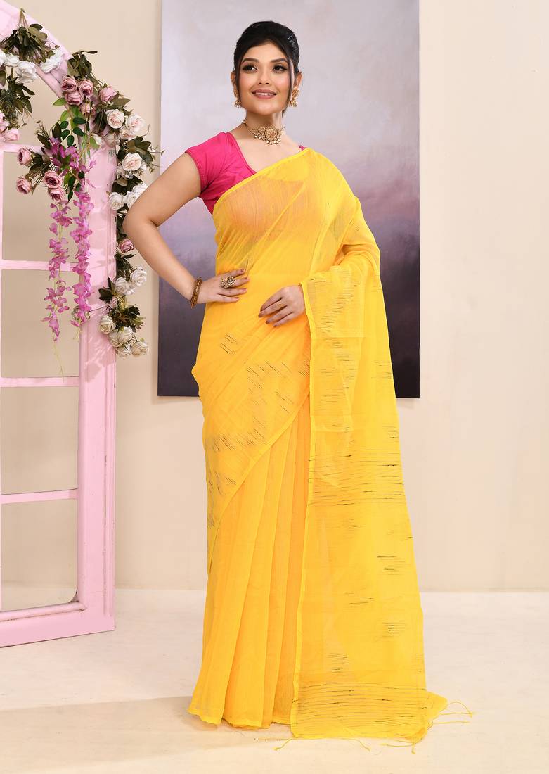 Women's yellow embellished cotton blend jamdani saree