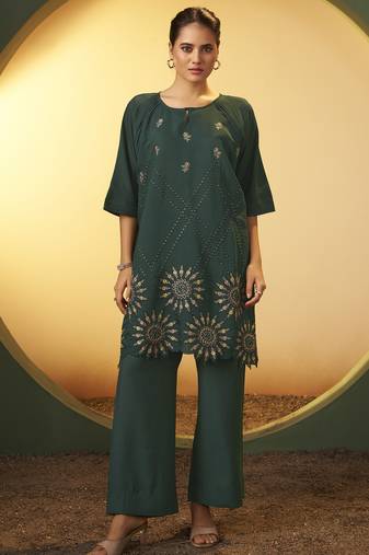 Women's green embroidered flared roman silk co-ord set