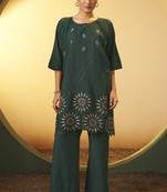 Women's green embroidered flared roman silk co-ord set