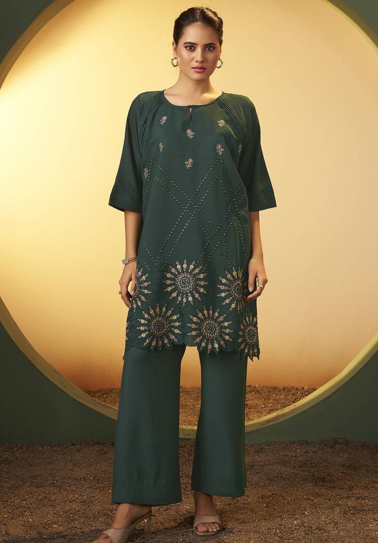 Women's green embroidered flared roman silk co-ord set