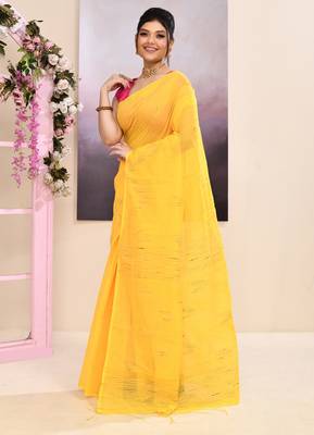 Women's yellow embellished cotton blend jamdani saree 2