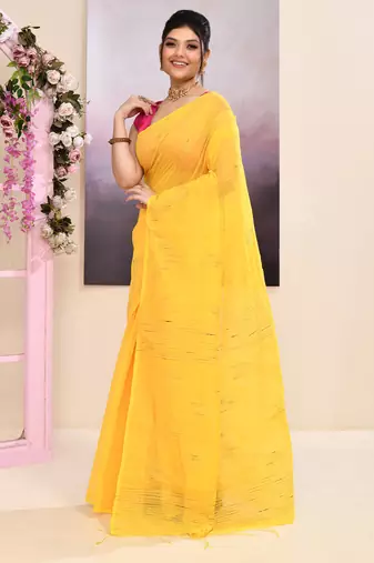 Women's yellow embellished cotton blend jamdani saree