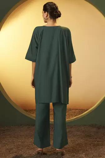 Women's green embroidered flared roman silk co-ord set