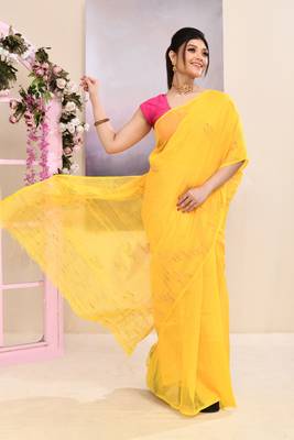 Women's yellow embellished cotton blend jamdani saree 3