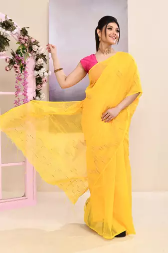 Women's yellow embellished cotton blend jamdani saree