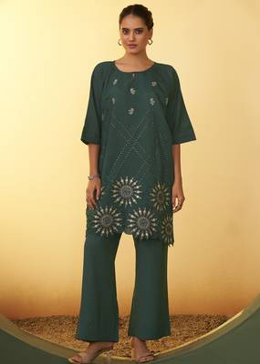 Women's green embroidered flared roman silk co-ord set 3