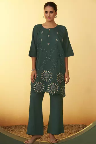 Women's green embroidered flared roman silk co-ord set
