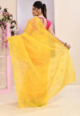 Women's yellow embellished cotton blend jamdani saree 4