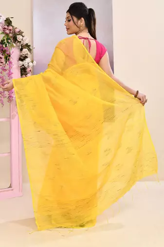 Women's yellow embellished cotton blend jamdani saree