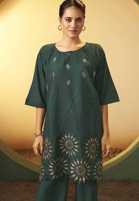 Women's green embroidered flared roman silk co-ord set 4
