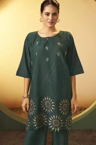 Women's green embroidered flared roman silk co-ord set