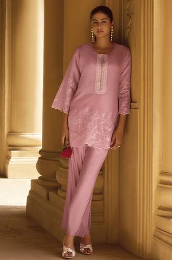 Women's light pink embroidered roman silk co-ord set