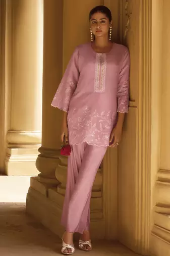 Women's light pink embroidered roman silk co-ord set