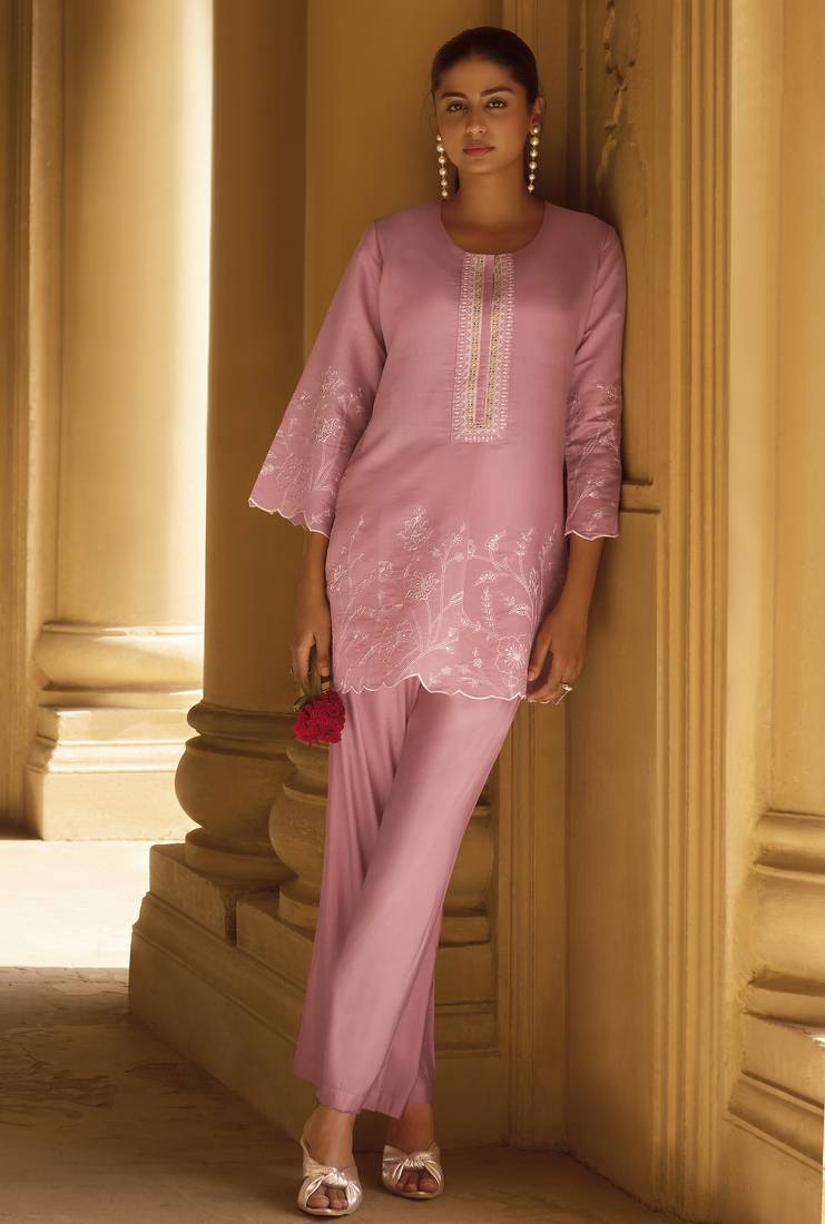 Women's light pink embroidered roman silk co-ord set
