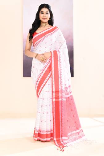 Women's white embellished cotton saree