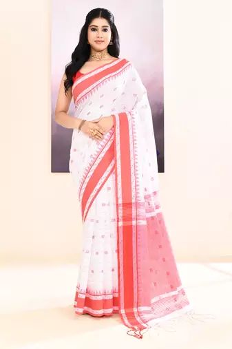 Women's white embellished cotton saree