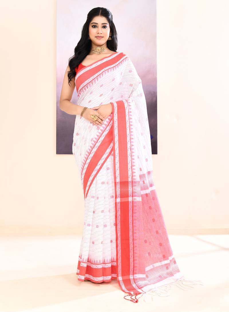 Women's white embellished cotton saree