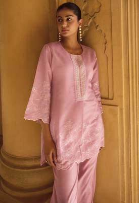 Women's light pink embroidered roman silk co-ord set 2