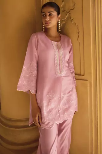Women's light pink embroidered roman silk co-ord set
