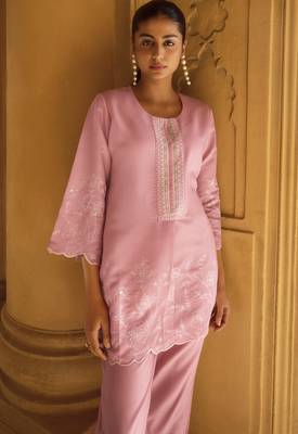 Women's light pink embroidered roman silk co-ord set 3