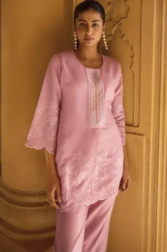 Women's light pink embroidered roman silk co-ord set