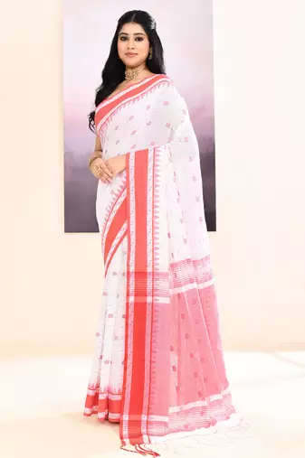 Women's white embellished cotton saree