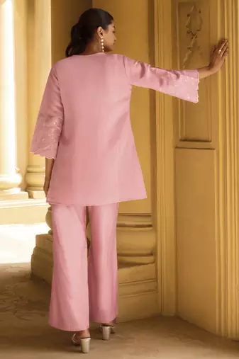 Women's light pink embroidered roman silk co-ord set