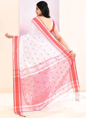 Women's white embellished cotton saree 3