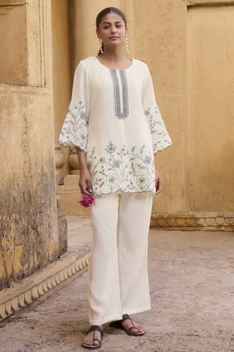 Women's off white embroidered roman silk top with mal cotton lined ethnic co-ord set