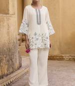 Women's off white embroidered roman silk top with mal cotton lined ethnic co-ord set