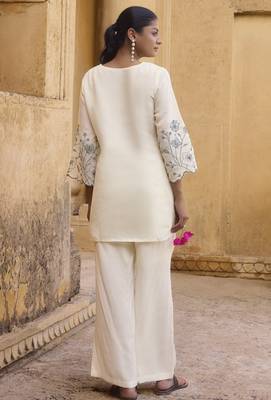 Women's off white embroidered roman silk top with mal cotton lined ethnic co-ord set 2