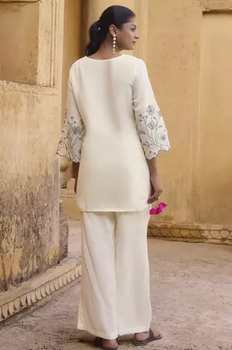 Women's off white embroidered roman silk top with mal cotton lined ethnic co-ord set