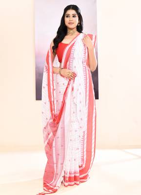 Women's white embellished cotton saree 4