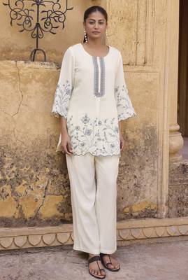 Women's off white embroidered roman silk top with mal cotton lined ethnic co-ord set 3