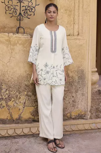 Women's off white embroidered roman silk top with mal cotton lined ethnic co-ord set
