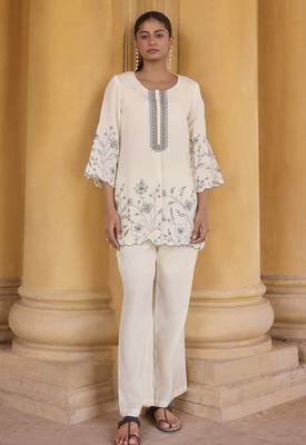 Women's off white embroidered roman silk top with mal cotton lined ethnic co-ord set 4