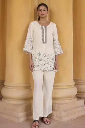 Women's off white embroidered roman silk top with mal cotton lined ethnic co-ord set