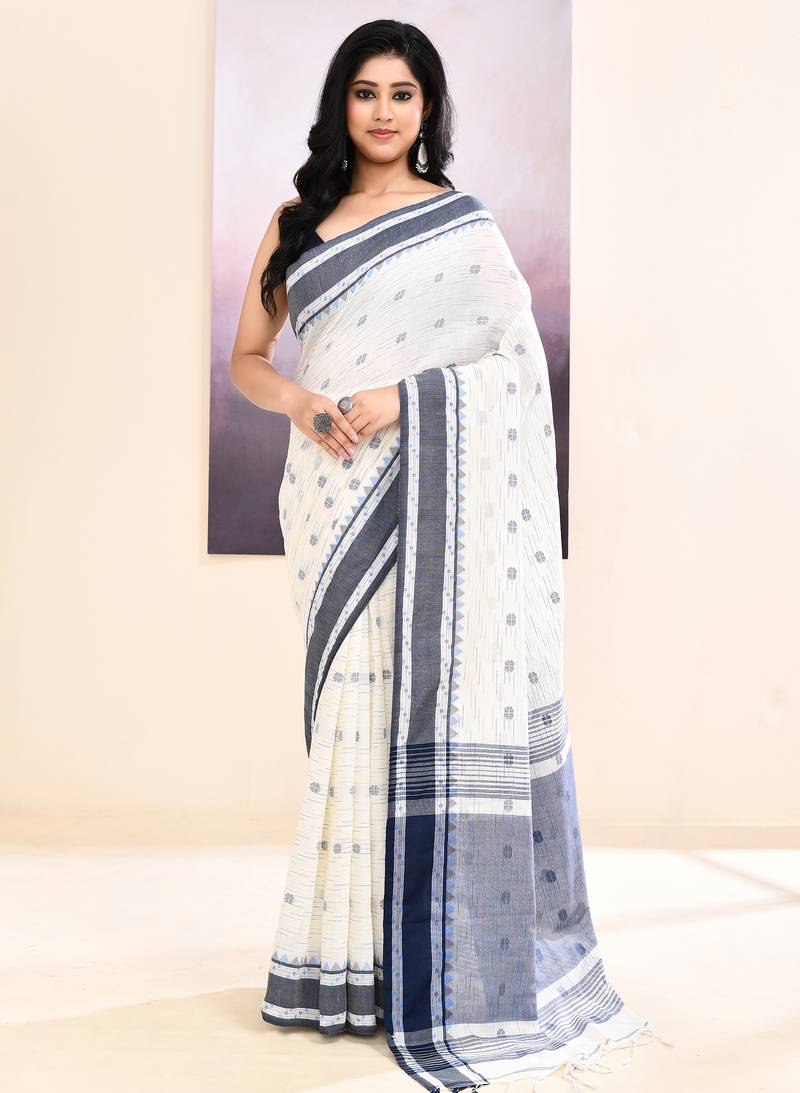 Women's white embellished cotton saree