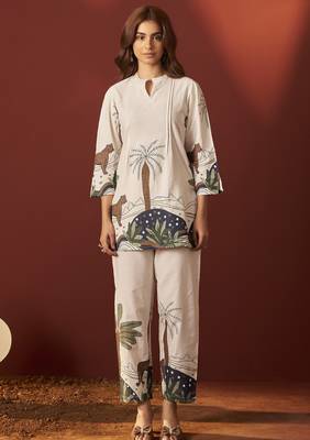 Off white pure cotton printed co-ord set for women 1