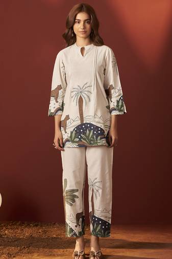Off white pure cotton printed co-ord set for women