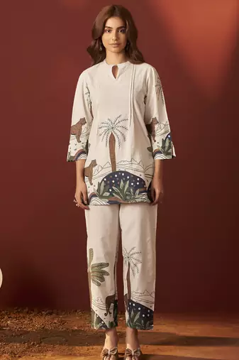 Off white pure cotton printed co-ord set for women