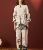 Off white pure cotton printed co-ord set for women