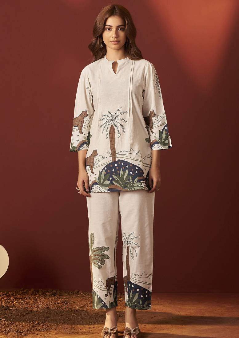 Off white pure cotton printed co-ord set for women