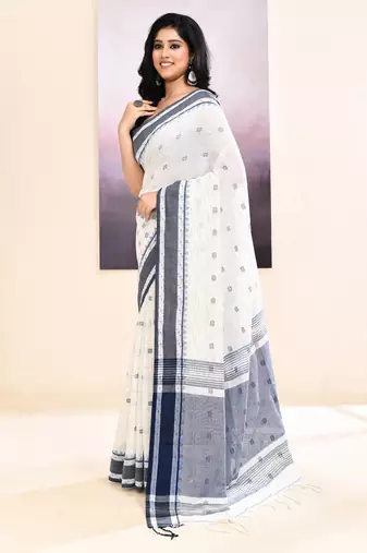 Women's white embellished cotton saree