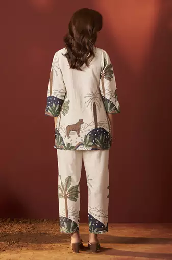 Off white pure cotton printed co-ord set for women