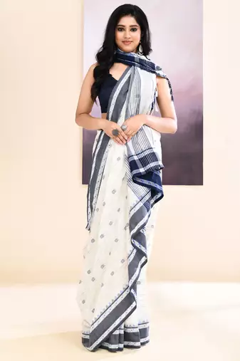 Women's white embellished cotton saree