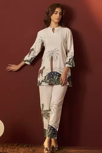 Off white pure cotton printed co-ord set for women