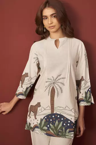 Off white pure cotton printed co-ord set for women
