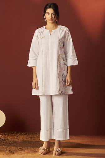 Off white pure cotton embroidered co-ord set for women